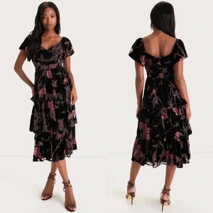 NWT LuLu's Oh So Lovely Black Floral Burnout Velvet Tiered Midi Dress Whimsigoth